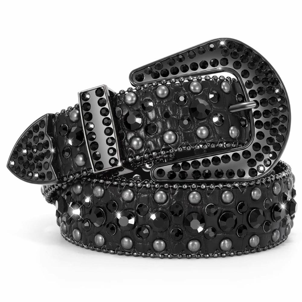 Black Studded Belt with Rhinestone Buckle